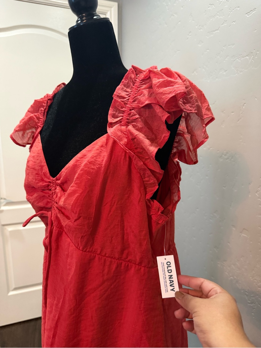 Old Navy Coral-Red Ruffle Sleeve V-Neck Dress